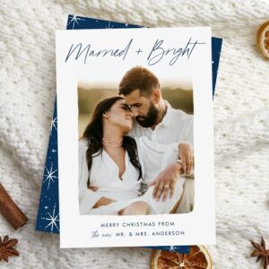 Married & Bright Navy Script Photo Holiday Card | Personalized Christmas & New Year Greetings